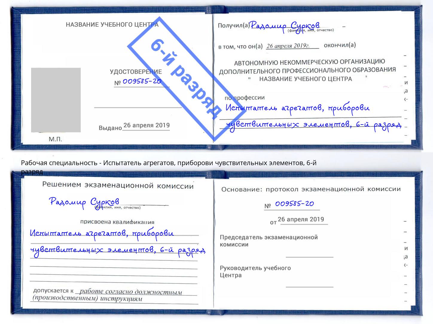 корочка 6-й разряд Испытатель агрегатов, приборови чувствительных элементов Павловский Посад