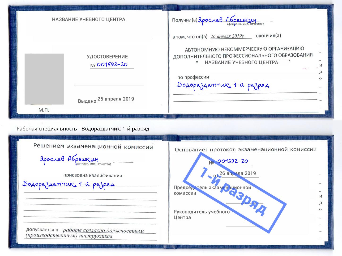 корочка 1-й разряд Водораздатчик Павловский Посад