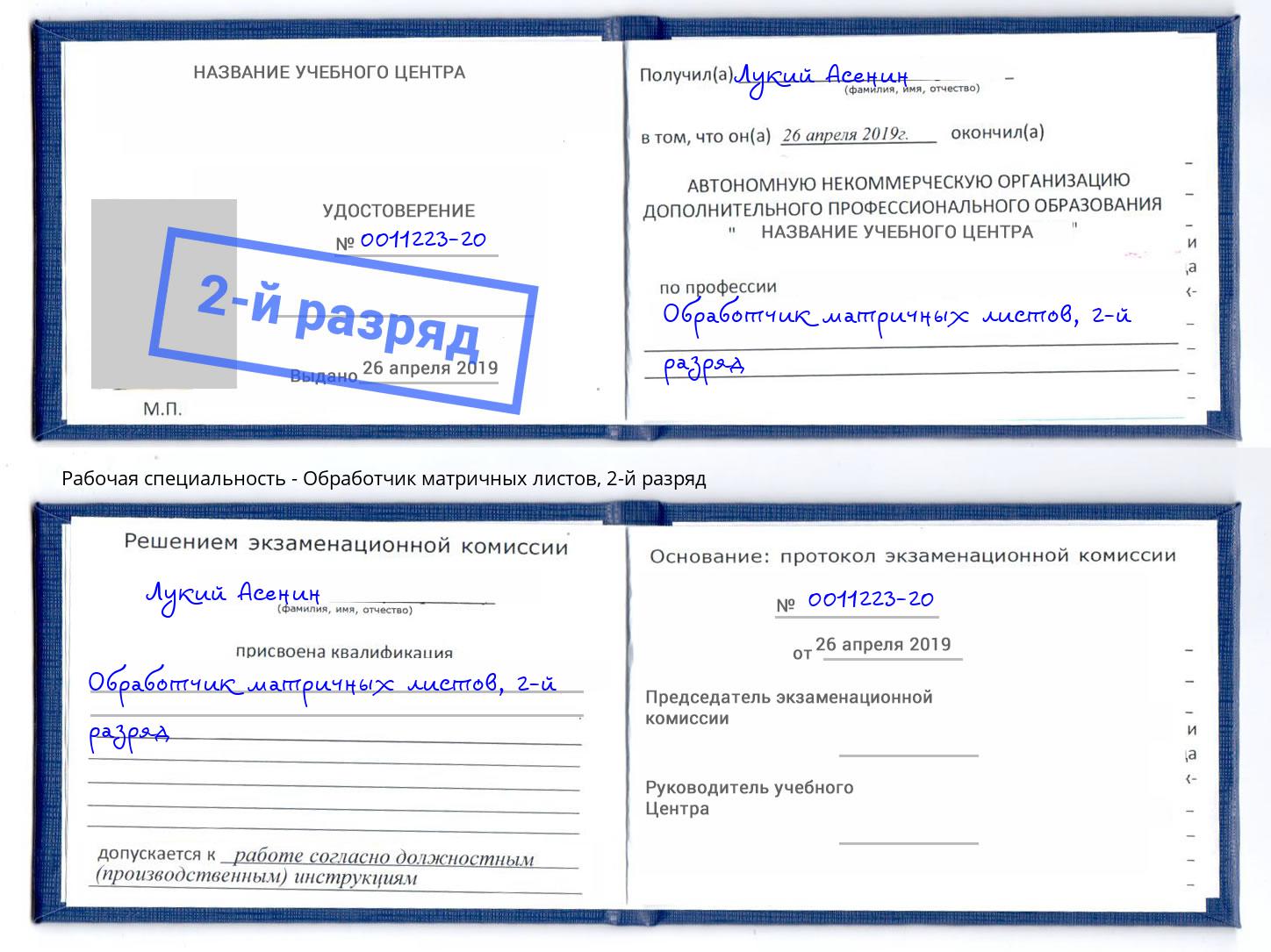 корочка 2-й разряд Обработчик матричных листов Павловский Посад