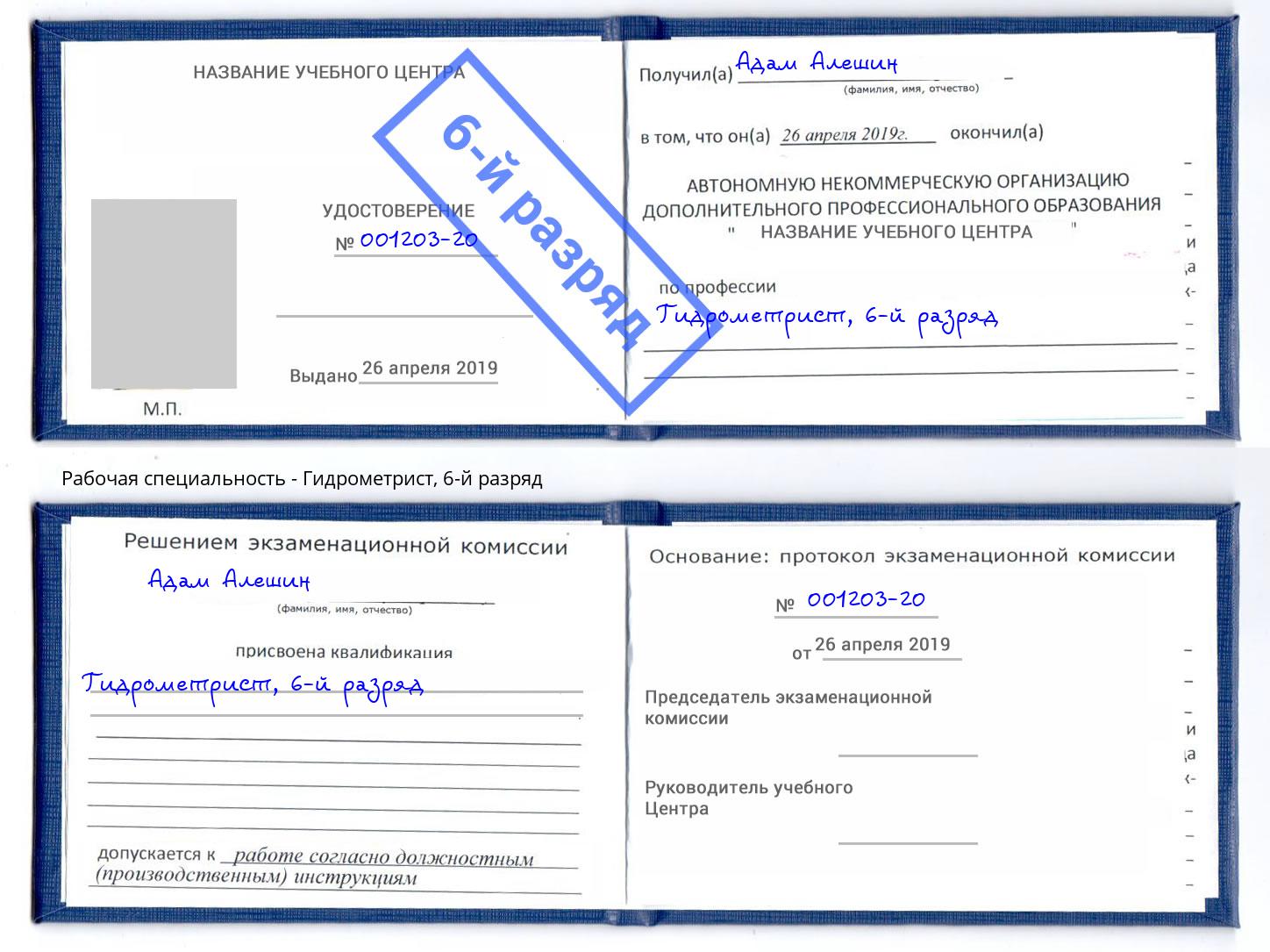 корочка 6-й разряд Гидрометрист Павловский Посад
